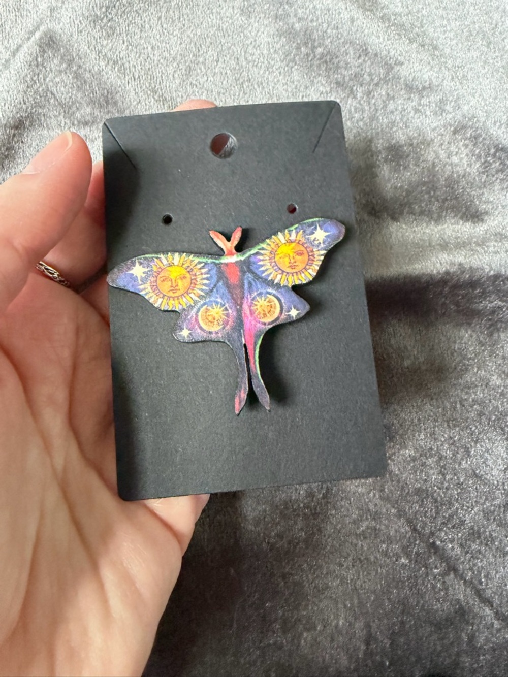 Handmade Moon & Sun Moth Brooch in Purple and Yellow - Picture 2 of 5